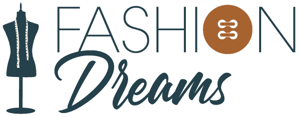 Fashion Dreams logo in blue and copper with shirt button and Dress Form