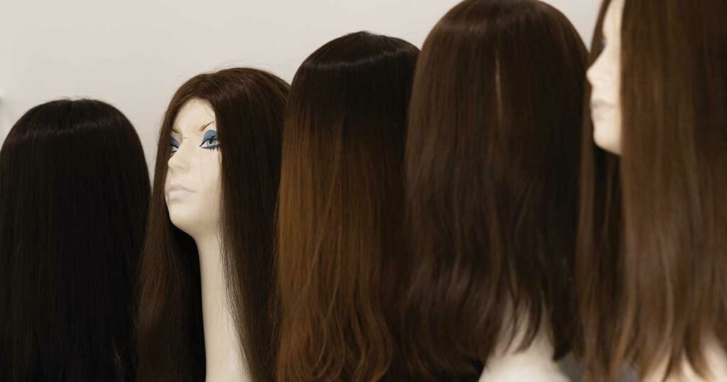 Long dark wigs on a shelf.