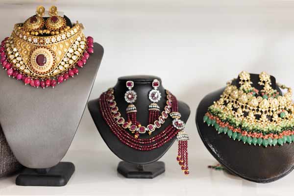 Beautifully crafted Indian style necklaces with gold and jewels.