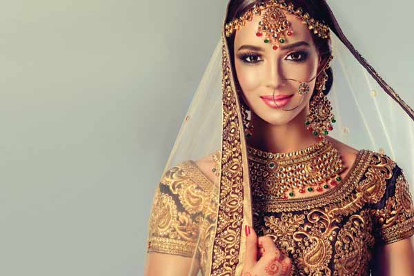 Beautiful woman wearing traditional Indian dress with jewelry and embroidered dress.